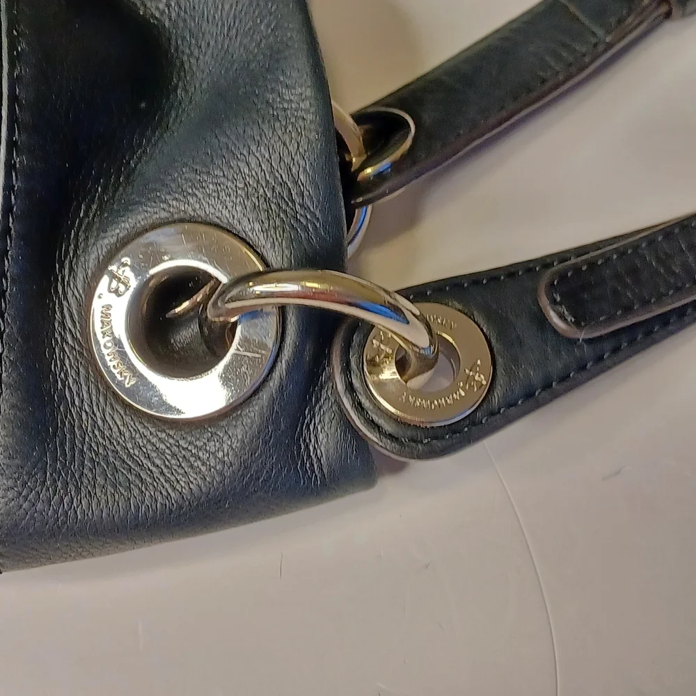 B. Makowsky Leather Hobo Style Moto Purse Shoulder Bag Black